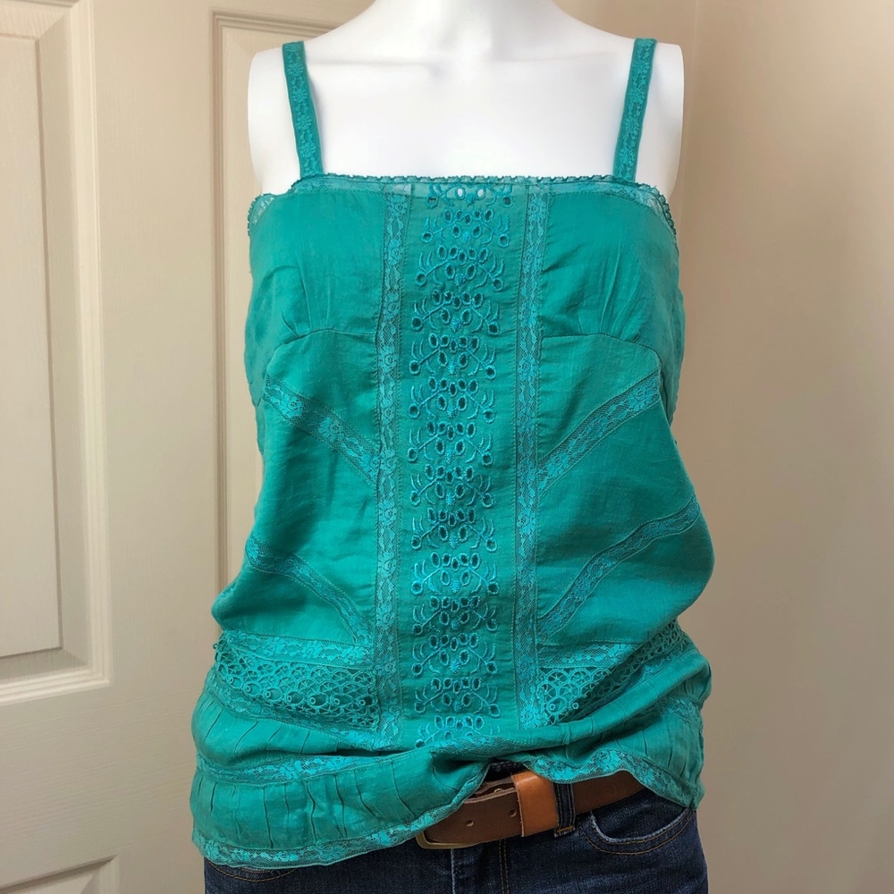 Festival Turquoise Cotton Embroidered Lace Tank Sm